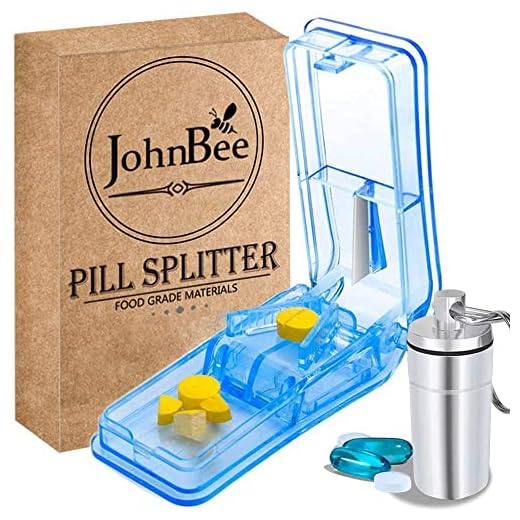 JohnBee Pill Cutter | Best Pill Cutter for Small or Large Pills | Design in The USA| Cuts Vitamins | Pill Splitter with Shield | Keychain Pill Holder As Bonus