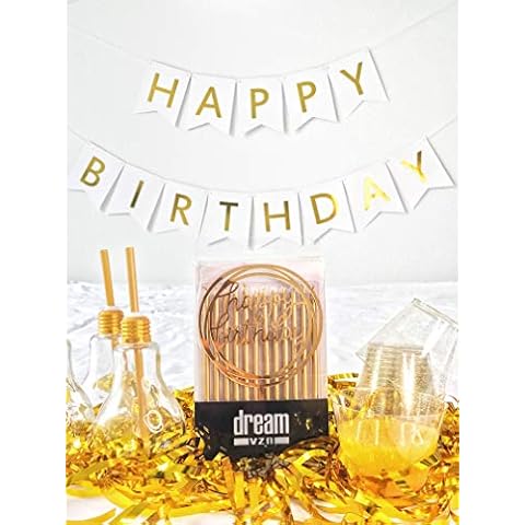 24 Gold Birthday Candles with Cake Topper and Happy Birthday Banner Bundle Cover