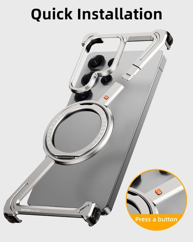 Image of Z Shaped Metal Frameless 360 Rotatable Ring Metal Bumper Case with Kickstand for Samsung Galaxy S25 Ultra Case Compatible with Wireless Charging | Luxury Aluminum Armor (Silver)