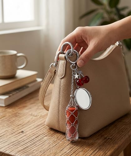 Image of Makeup Pouches, Lipstick Holder Keychain with Red Cherry Oval Mirror, Portable Makeup Organizer for Travel & Daily Use, Compact Lipstick Storage for Handbags, Y2K Bag Charms & Y2K Accessories