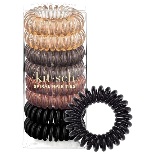 Kitsch Spiral Hair Ties for Women – Coiled Plastic Hair Ties No Damage, Ponytail Holders for Thick and Thin Hair – Creaseless and Dent-Free, Phone Cord Style | Ideal Gifts for Women - Brunette, 8 Pcs