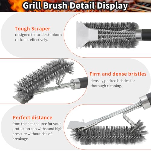 Grillbürste,CNMTCCO 3-in-1Edelstahl Bürste Grill,Ausgestattet mit Einer extra Langen Reinigungsbürste,Abstreifer und PP Wärmedämmung Griff für Gasgrill,Holzkohlegrill,Kugelgrill und Grillrost 4