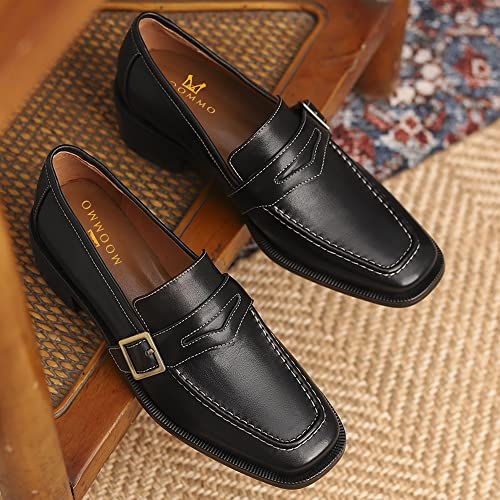 Image of MOOMMO Women Classic Penny Loafers Closed Square Toe Patent Low Heel Loafers Slip On Metal Buckle 2 inch Chunky Heel Casual Office Ladies Chic Dress Loafer Shoes Size 4-11 M US