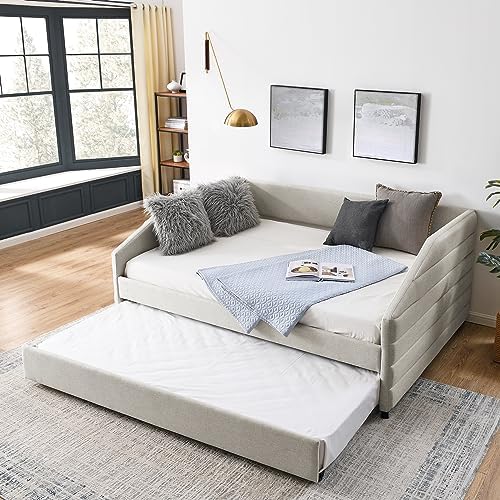 SONGG Full Size Linen UpholsteredDaybed with Trundle, Solid
