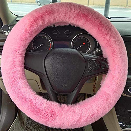 STEVE YIWU Fluffy Steering Wheel Cover for Women/Girls/Ladies Fuzzy Steering Wheel Cover Winter Warm Faux Wool Plush Car Wheel Cover Furry Steering Wheel Protector Universal Fit 15 Inch (Pink)
