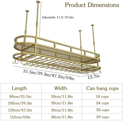 Adjustable 2-Tier Industrial Wine Glass Rack - Metal Stemware Holder with Guardrail Stylish Storage nizer for Bar Café Kitchen,Gold-59in