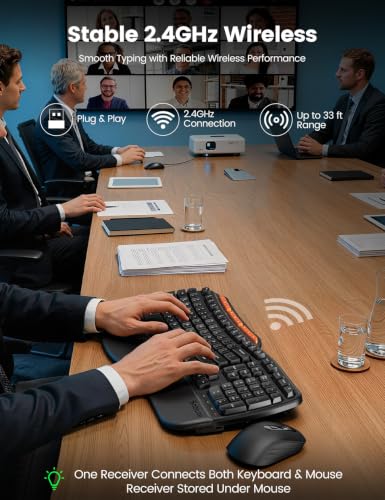 Image of Ergonomic Wireless Keyboard and Mouse Combo, Full Size Wave, Natural Typing | Memory Foam Leather Wrist Rest, Stable 2.4GHz Wireless, 6-Button Mouse, USB-A /USB-C Adapter for Office Computer Laptop Tablet