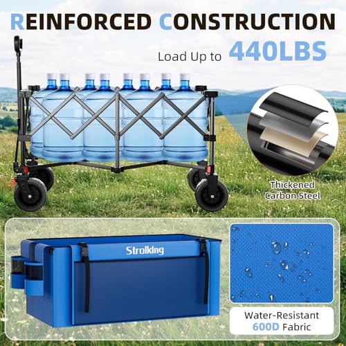Image of 220L Collapsible Wagon Cart, 39 inch L Extended Frame and 440Lbs Heavy Duty, Lightweight 15lbs Folding Garden Cart with Silent All-Terrain Wheels for Beach, Camping Grass and Grocery, Blue