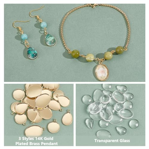 PH PandaHall 48pcs Pendant Trays for Jewellery Making Kits Transparent Glass Cabochons Real 14K Gold Plated Blank Bezel Pendant Trays 3 Styles for Earings Bookmarks Bracelets Photo Charms Necklaces - Image 4