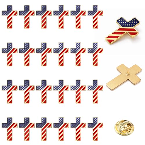 Landical 24 Pcs Patriotic Cross American Flag Lapel Pins Bulk Metal 3D USA Flag Brooches Pins for 250 Anniversary Patriotic Suits Jackets Hats Backpacks Clothes Decor