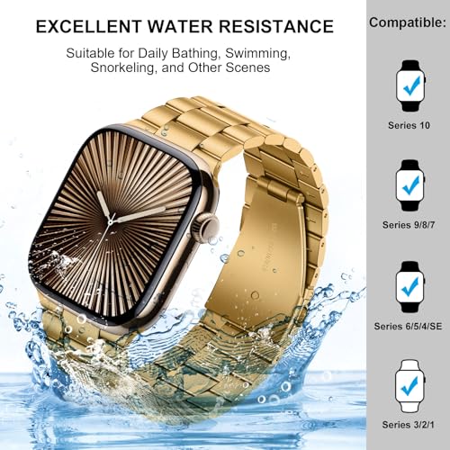 Image of HITZEE Compatible with Apple Watch Band 42 /41 /40 /38mm Business Stainless Steel Metal Strap Men Women Link Bands Compatible for iWatch SE3-1 Series 11 10 9 8 7 6 5-1, 38 /40 /41 /42mm Gold