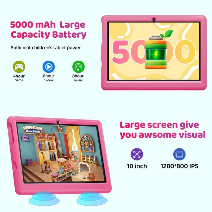 Miniatura 4 de Tablet PC para niños Android 12, tableta de pantalla de 10.1 pies, 5000 mAh, cámara dual HD, cuatro núcleos, WiFi, control parental, funda a prueba