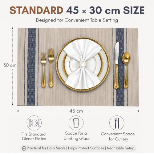Image of Solitude Set of 6 Dining Table Placemats | Non-Slip PVC Table Mats, Heat Resistant, Washable, Stain-Resistant Surface, (Beige & Blue, 45 x 30 cm)