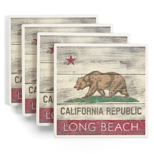 Lantern Press Long Beach, California, Rustic California State Flag (Absorbent Ceramic Coasters Set of 4 Matching Images, Cork Back, Kitchen Table Decor)