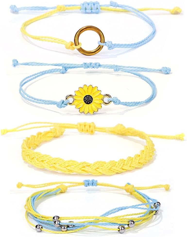 Caiyao 4 Pcs Summer Surfer Wave Anklet Bracelets Adjustable Strand Braided String Rope Bracelets Waterproof Handmade Sunflower Bracelets Anklets Jewelry for Women