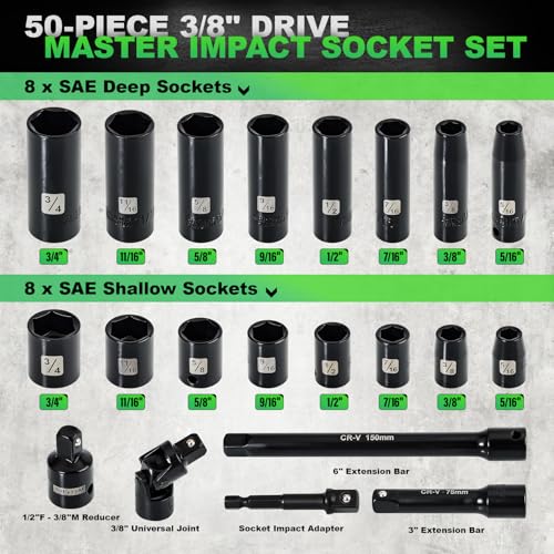 Image of 3 /8 inch Drive Impact Socket Set, 50 Piece Standard SAE (5 /16 to 3 /4 inch) and Metric (8-22mm) 6 Point, Extension Bars, Impact Universal Joint, Adapter, Cr-V Steel
