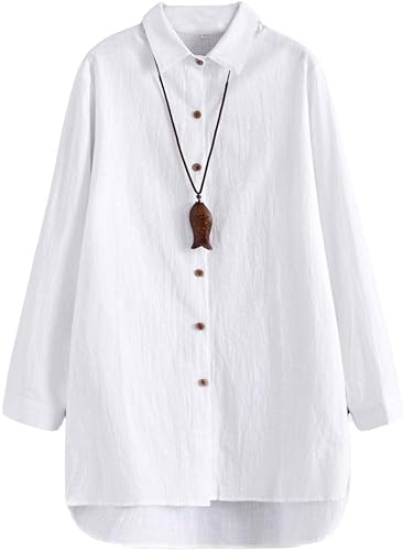 Minibee Camisas de algodón para mujer, túnica alta y baja, blusa con botones