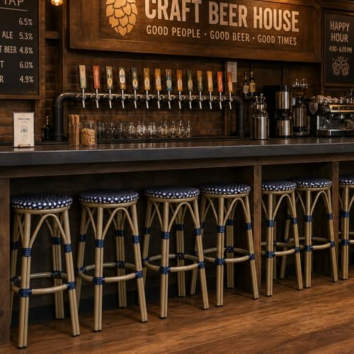 Image of PURPLE LEAF Outdoor Round Bar Height Stool Set of 2 Patio Backless Barstools Aluminum Frame in Champagne Finish with Navy Blue & White Woven Rattan for Indoor Kitchen Dining Bistros Cafe Restaurant