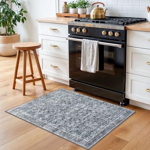 2x3 Grey Brown Washable Rug Soft Area Rug for Entryway, Non-Slip Indoor Door Mat Distressed Floral Low-Pile Kitchen Rugs, Neutral Vintage Carpet for Entrance Kitchen Bedside Farmhouse
