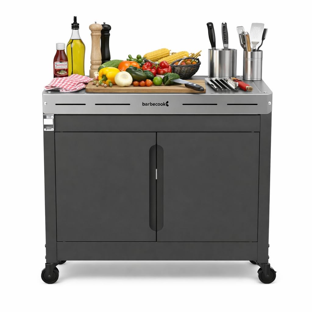 barbecook Premium Buddy Outdoor Grilltisch mit Stauraum und integrierter Flaschenöffner für Gasgrill, 84 x 46 x 90 cm