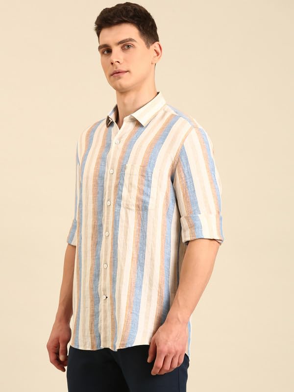 Image of Linen Club Men's Linen Rich Pink Striped Contemporary Fit Full Sleeve Casual Shirt