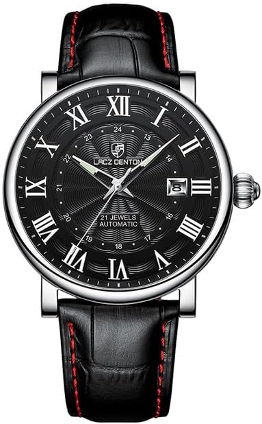 Watch - Lacz Denton Men's Watch Waterproof Fashion Mechanical Automatic Watch Тоρ Brand Luxury Business Leather Stainless Steel Case (Silver black 𝖦ЕRMАɴΥ)