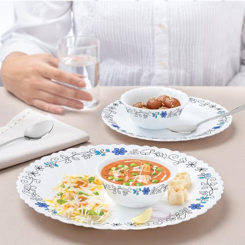 Image of Larah by Borosil 41pc Opalware Silk Series Dinner Set with Steel Spono | for Family of 6 | Microwave & Dishwasher Safe | Bone-Ash Free | Crockery Set for Dining & Gifting | Plates & Bowls (Blue IRIS)