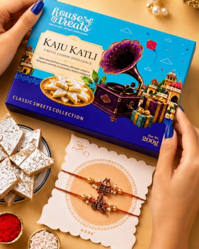 Image of House of Treats Rakhi With Sweets Kaju Katli 200g Rakhi Gift for Brother Set of 2 Rakhi With Sweet Box for Gift Raksha Bandhan Sweets Gift Pack
