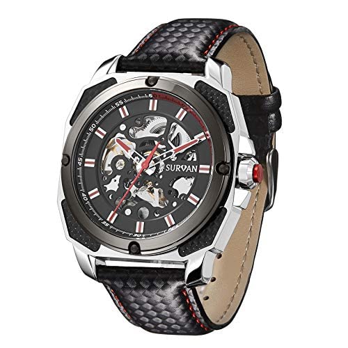 SURVAN WatchDesigner Automatic Watch for Men Sapphire Crystal Mechanical Skeleton Wrist Watch Leather Strap, Red-1, Mechanical,Self-winding,Skeleton Watch (B0BQVDG2CP) Amazon Price History, Amazon Price Tracker