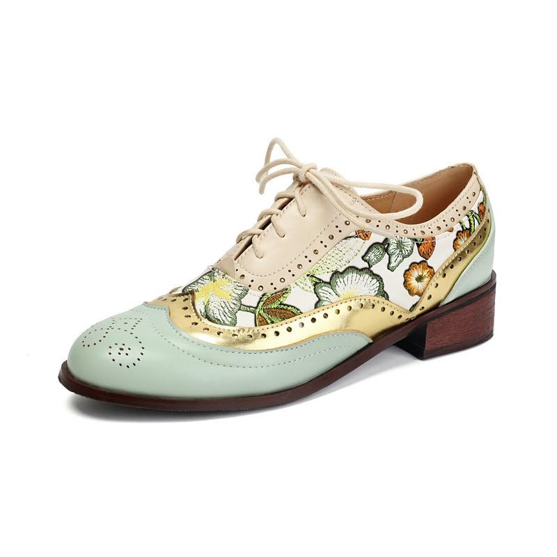 JIFAENY Damen Brogues mit Schnürung Zweifarbigem Design Retro...