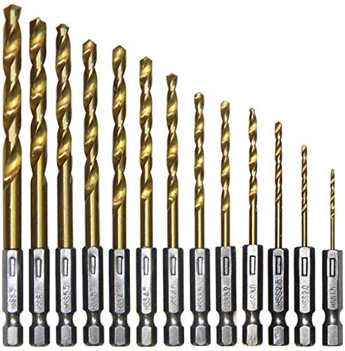 Favortools 13pcs HSS Titanium Coated Twist Drills Bit Set Hex Shank Quick Change Regular drilling Tools