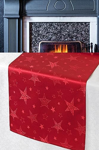 KAMACA Lotus Effekt Tischdecke Magic Stars mit Sternen Motiv - mit FLECKSCHUTZ - Flüssigkeiten perlen einfach ab Winter Weihnachten (Tischläufer 40x140 cm, Rot)