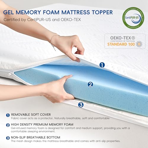 Image of WAVV Mattress Topper Queen - 3Inch Gel Memory Foam Mattress Topper Cooling Mattress Pad Bed Medium Support,with Removable and Washable Cover,CertiPUR-US Certified