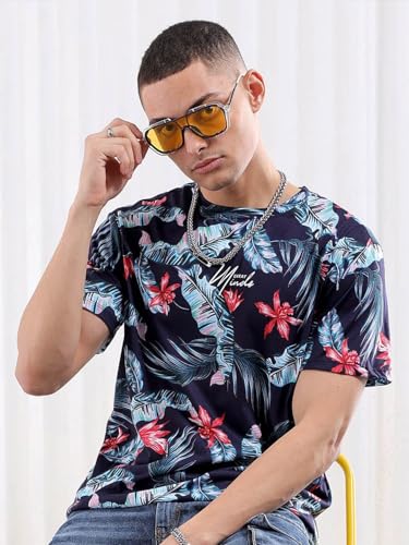 Image of The Indian Garage Co Men Slim Fit Tropical Print Round Neck Tshirt