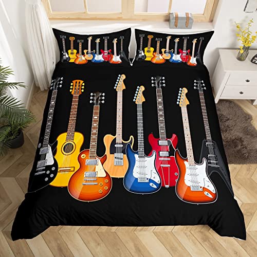 Loussiesd Gitarre gedruckt Bettwäsche Set Teens Rockmusik Themen Bettbezug Für Kinder Erwachsene Bunte Musikalische Muster 135x200cm Hip Hop Streifen Stil