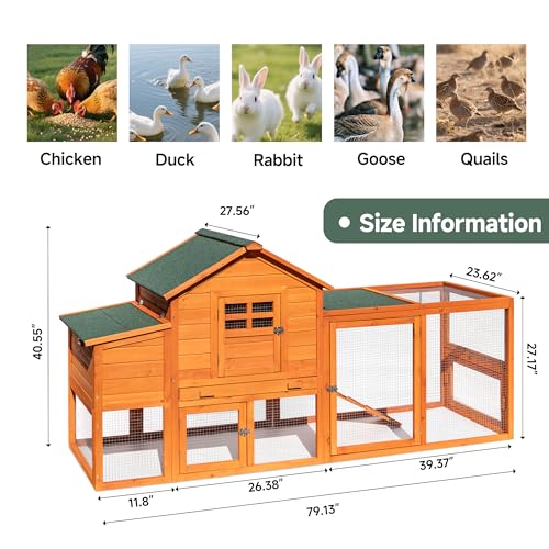 Image of Large Chicken Coop Outdoor Durable Duck House Poultry Pet Hutch & 2 Wood Eggs Run Cage Nesting Box Waterproof Asphalt Roof Ramp Removable Tray Wire Fence for Backyard Small Animal (Orange)