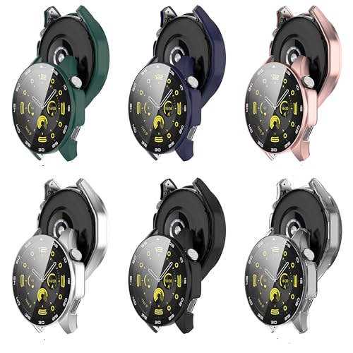 FitTurn Compatible with Huawei Watch GT4 46mm Screen Protector Case, Replacement Color PC Bumper with Tempered Glass Built-in Scale Full Screen Protector Cover Film Accessories (SixColors)