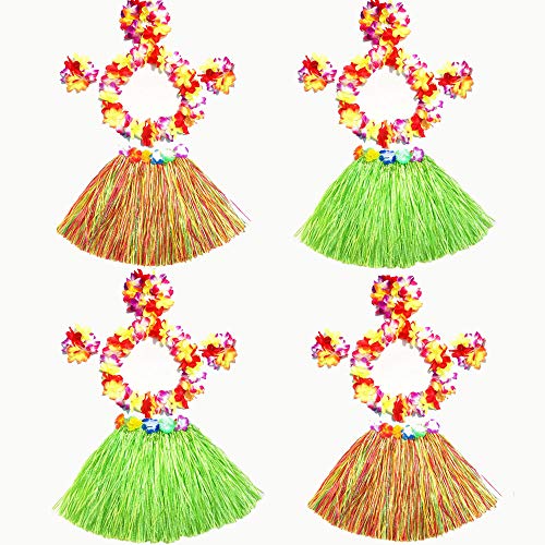 Kioneer 4 Set 20 Pcs Hawaiian Hula Grass Skirt with Flower Leis Costume Set Elastic Grass and Flower Bracelets Headband Necklace for Luau Beach Party Dance Birthday Party Favors Bags Supplies