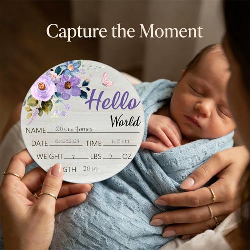 Image of Purple Rose Baby Announcement Sign, Wooden Nursery Name Plaque 6in | Purple Rose Themed Wooden Name Sign for Newborn Announcement, Nursery Decor, Baby Shower Gifts, Records Name, Date & Weight