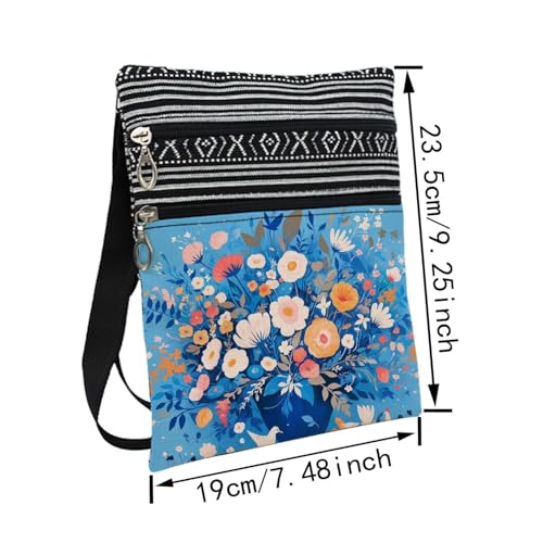 Blue Flower Messenger Bag Small Ethnic Pattern Printed Adjustable Strap Crossbody Zipper Bag Blue Flower Phone Bag Wallet Cute Shoulder Handbag for Women Friends2