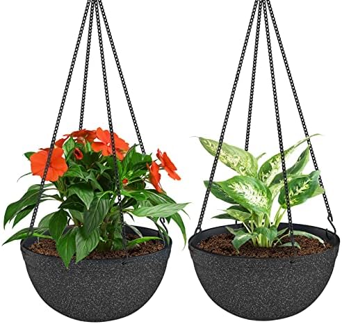 ZMTECH 2 Pack 20cm Hanging Planters with Watering Lip Self Watering Plant Pot with Drainage Holes and Removable Saucer Plastic Flower Pot for Indoor Outdoor Plants (Black)