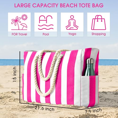 Image of Becokan Women's Pool Swim Bag - Waterproof Sandproof Large Stripe Beach Tote with Zipper
