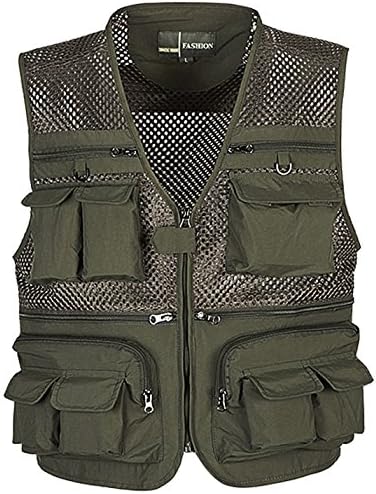 Flygo Zhusheng Men's Mesh 16 Pockets Photography Fishing Travel Outdoor Quick Dry Vest Breathable Waistcoat Jackets (Medium, Army Green)
