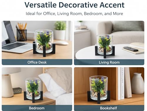 Image of CURATED CART Artificial Plant with Glass Pot for Home Decor, Mini Small Decor Item, Fake Succulent Plant for Office Des, Home Decoration, Artificial Plant with Pebbles & Wooden Stand