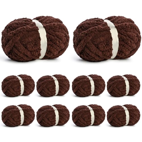 Image of 10 Pack of Jumbo Chunky Yarn for Hand Knitting,10# Super Bulky-Fluffy Chenille Yarn, 220 yds /70.5 oz Soft Thick Yarn for Crocheting Chunky Knit Throw Blankets.(Coffee)