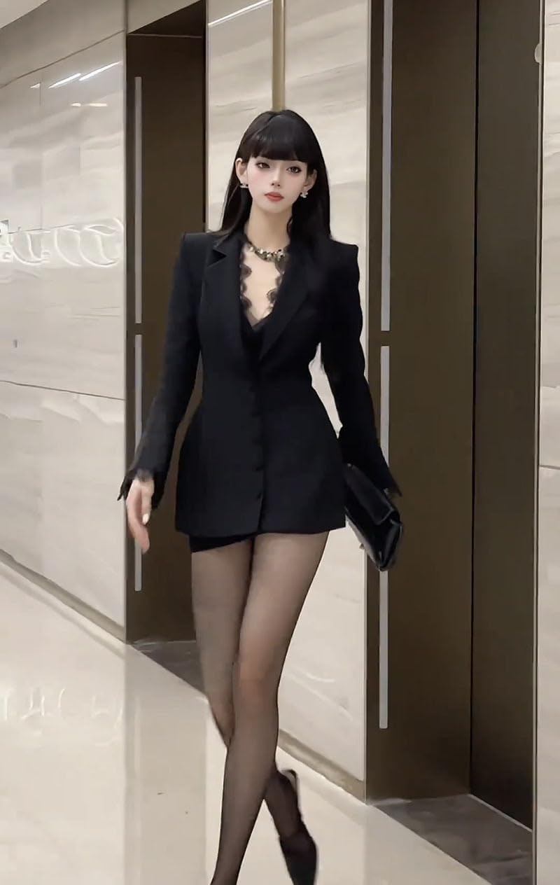 Women's Notch Lapel Single Breasted Blazer Elegant Lace Trim V Neck Work Office Mini Dress