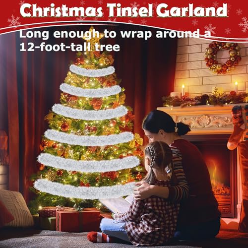 Image of 50ft Silver & White Christmas Tinsel Garland - Metallic Tinsel Glitter Twist Garland Hanging Streamers for Indoor /Outdoor Decor Xmas Tree Garlands Decorations