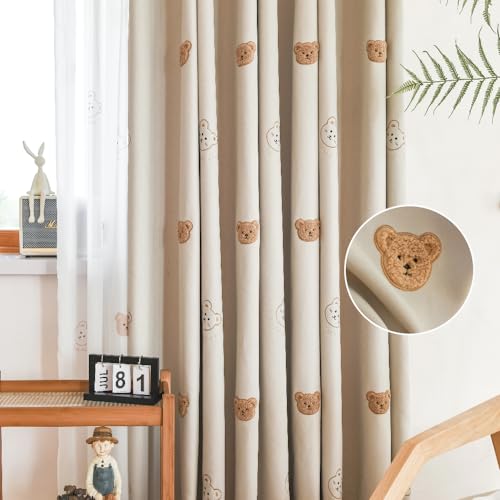 Image of AiFMQQ Cartoon Bears Kids Blackout Curtains for Babys Bedoom Living Room Grommet Top Beige Embroidery 3D Bear Darkening Curtain for Nursery Baby Room 1 Panel (W52 L84 inch,Beige)