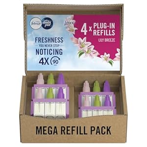 Febreze 3Volution Plug In Air Freshener Refill, 20ML X 4, Odour Eliminator & Bathroom Air Freshener, Lily Breeze