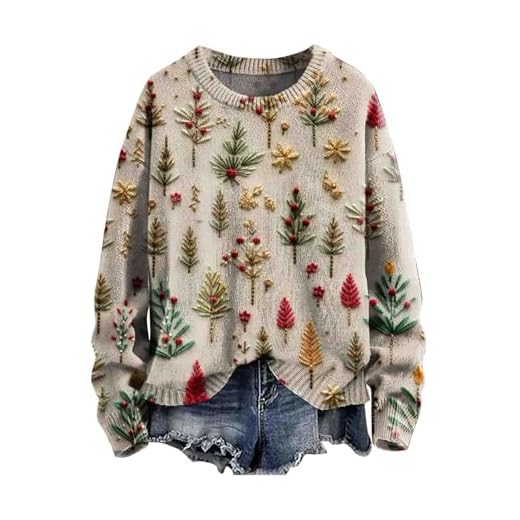 riou Sudadera Navidad Mujer 2024 Jersey Feo Rojo Negro Sudaderas Navideñas Cuello Redondo Manga Larga Camiseta Otoño Primavera Christmas Jumper Blusas Año Nuevo Abrigo